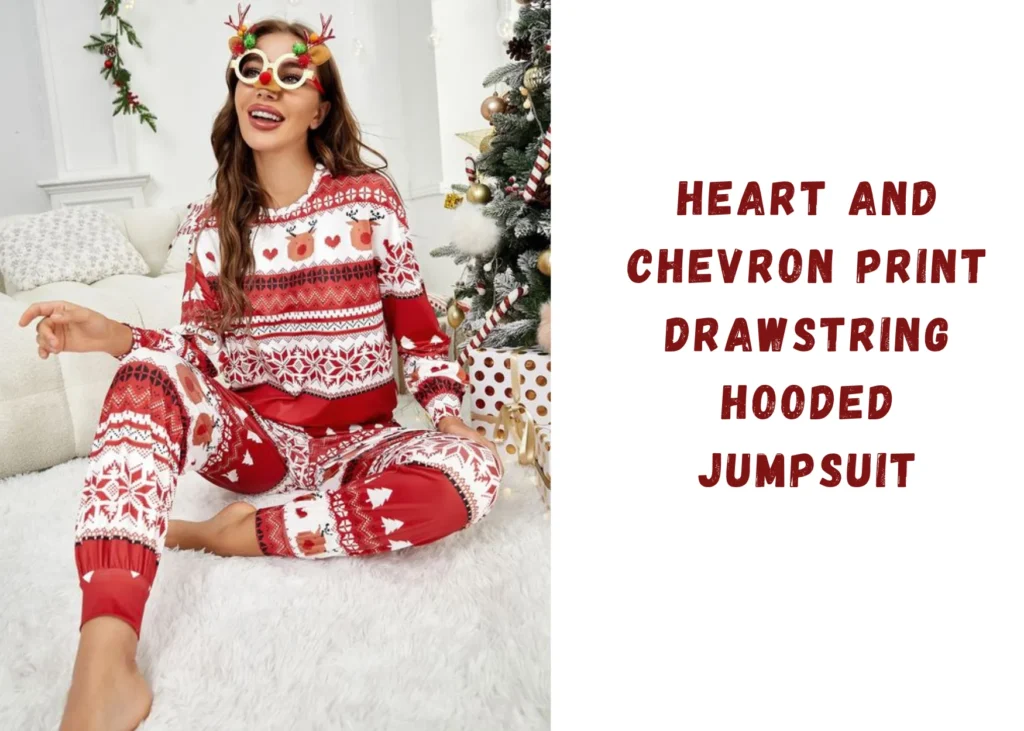 Heart And Chevron Print Drawstring Hooded Jumpsuit