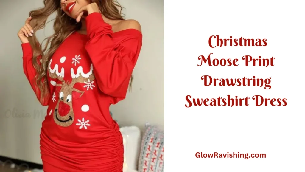  Christmas Moose Print Drawstring Sweatshirt Dress
