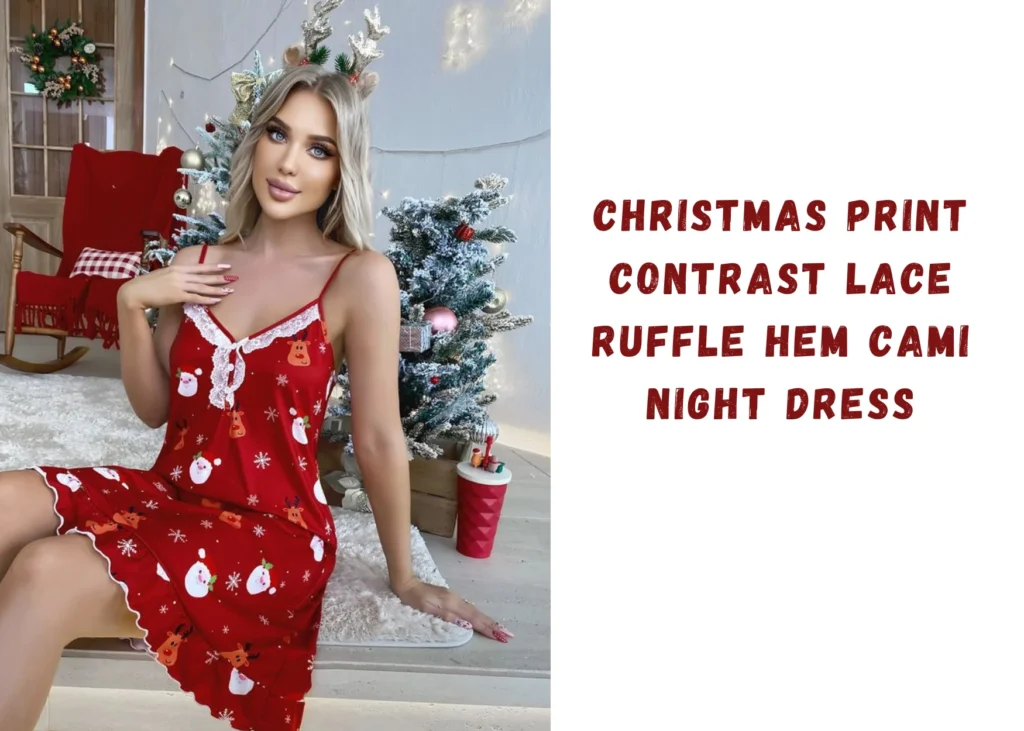 Christmas Print Contrast Lace Ruffle Hem Cami Night Dress