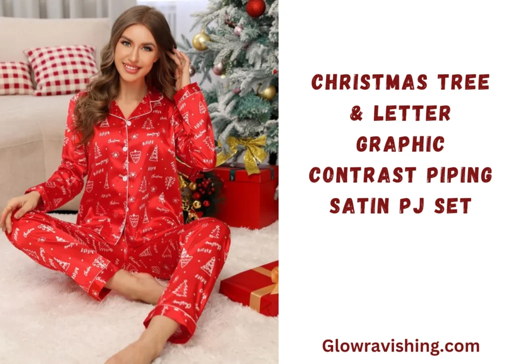 Christmas Tree & Letter Graphic Contrast Piping Satin PJ Set
