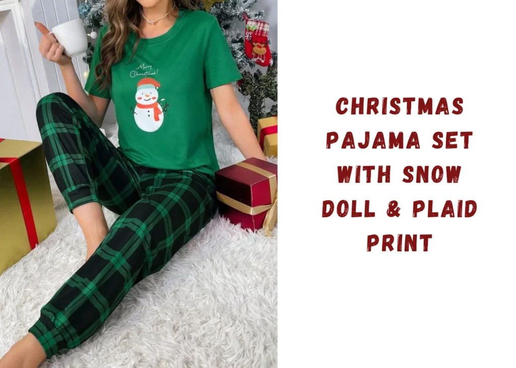 Christmas pajama set with snow doll & plaid print